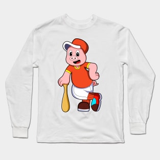 Pig as Batter at Baseball & Cap Long Sleeve T-Shirt